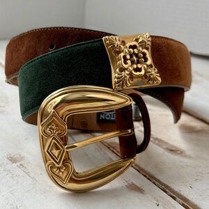 Vintage BRIGHTON belt colorblock sueded leather ornate gold tone accents M 1994